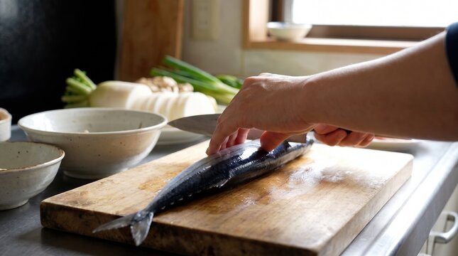 まな板で秋刀魚の背に包丁を入れる手元と大根やきのこの秋野菜食材