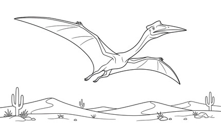 Pterosaur Flying Over Desert Landscape Line Art © Niyamat