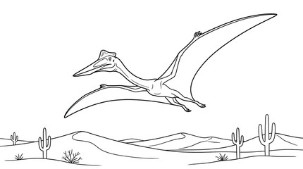 Pterosaur Flying Over Desert Landscape Line Art © Niyamat