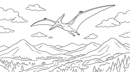 Pterosaur Flying Over Mountains and River in Line Art Landscape. © Niyamat