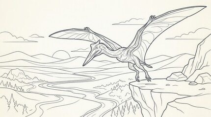 Pterosaur Perched on Cliff Edge in Line Art © Niyamat