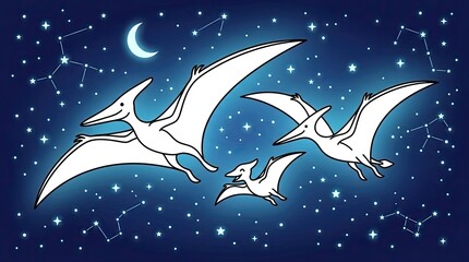 Pterosaurs Flying Through Starry Night Sky With Crescent Moon © Niyamat