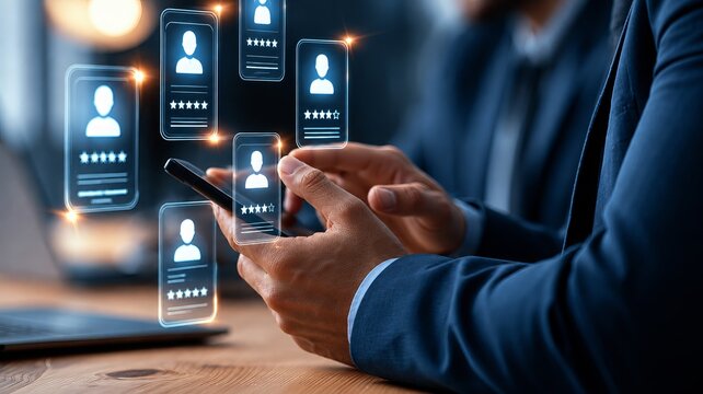 Business professional using smartphone with glowing customer rating profiles and five star feedback interface, close up in modern office