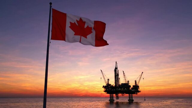 Canadian flag waving over offshore oil rig at sunset, energy industry concept canada petroleum