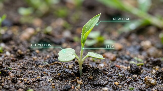 Labeled seedling growing from fertile soil showcasing plant anatomy parts including stem and cotyledon