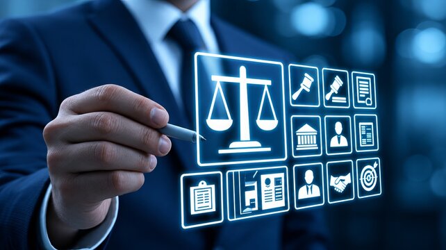 Business professional using stylus on glowing legal compliance dashboard with justice scales, gavel and approval icons, close up in modern office