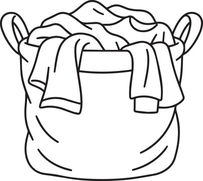 Laundry basket line art illustration filled with messy pile of dirty clothes and shirts waiting to wash.