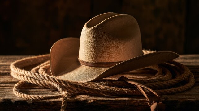 Rustic cowboy hat resting on coiled rope with warm soft lighting on wooden surface evoking western country lifestyle scene