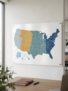 Modern office workspace featuring a colorful time zone map of the United States on the wall