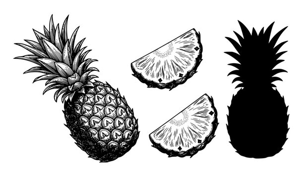Vintage Botanical Pineapple Engraving with Fruit Slices and Monochrome Silhouette Vector Set