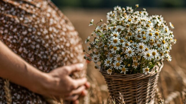 A pregnant woman in a patterned dress holds her belly next to a basket of chamomile flowers in a field, with a blurred natural.