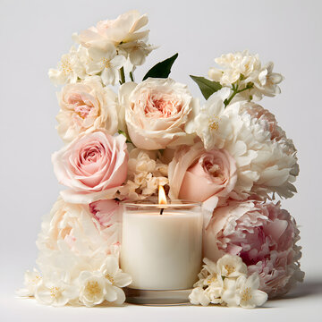 A luxurious floral candle surrounded by fresh roses, peonies, and delicate jasmine flowers, soft pastel tones, elegant glass jar, warm candle glow.