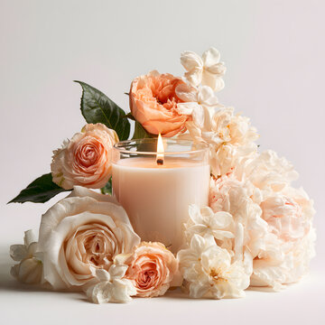 A luxurious floral candle surrounded by fresh roses, peonies, and delicate jasmine flowers, soft pastel tones, elegant glass jar, warm candle glow.