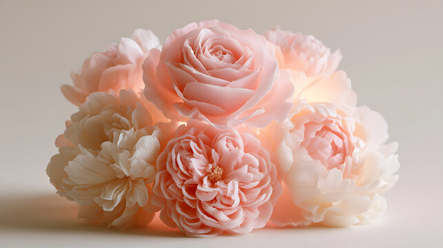 A handcrafted floral candle shaped like blooming roses and peonies, intricate petal details, soft pink and cream colors, dreamy studio lighting.