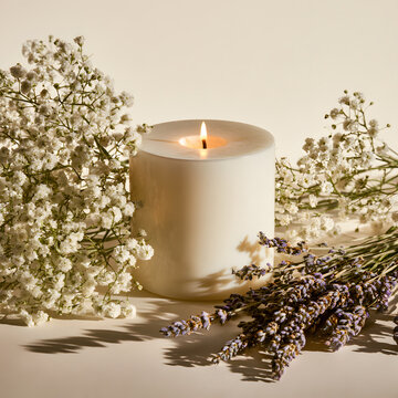 A beautiful white floral candle surrounded by fresh lavender, baby&rsquo;s breath, and small white blossoms, warm golden light, soft shadows.