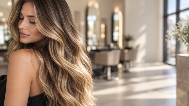 Long balayage hair close-up in soft window light, salon color banner copy space