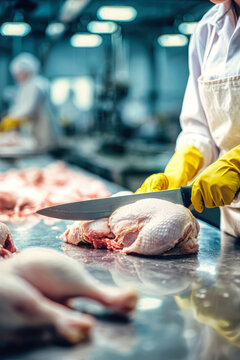 A woman in a white uniform uses a knife to cut a chicken leg whi