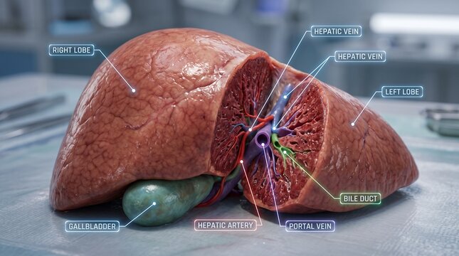 Anatomical illustration of a human liver with detailed labeling of its internal structures and blood vessels