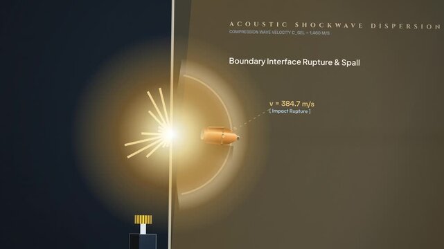 Scientific simulation of a 9x19mm full metal jacket bullet impacting standardized FBI ordnance ballistic gelatin showing acoustic shockwave and temporary cavitation