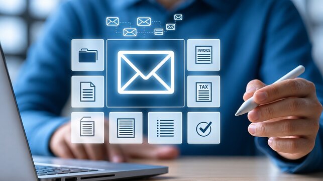 Business professional using stylus on glowing digital email and document management dashboard with invoice and tax icons, close up in modern office