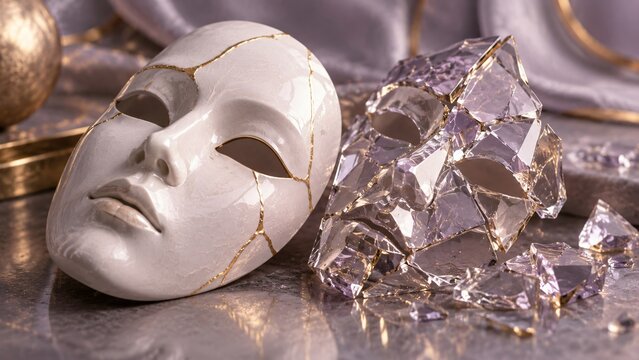 Broken white theatrical mask with golden cracks beside shattered crystal mirror. Kintsugi concept of beauty in imperfection and self acceptance.