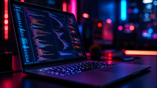 A laptop displaying lines of programming code on its screen, set in a modern workspace illuminated by vibrant blue and red neon ambient lights.