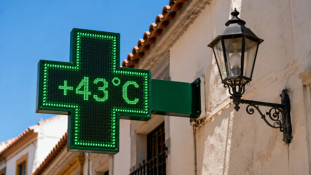 A green digital pharmacy cross sign displaying a high temperature of +43&deg;C next to a vintage black wall lantern on a building under a blue sky.