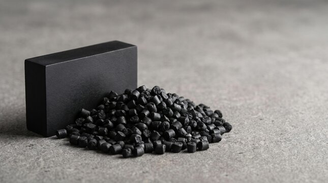 Close up view of recycled vulcanized crumb rubber pellets beside industrial composite elastomer sample block for sustainable manufacturing in circular economy laboratory with empty copy space