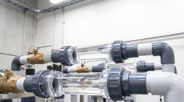 High angle view of precision fertigation dosing manifold system with transparent mechanical flowmeters and PVC piping network in automated commercial smart greenhouse agriculture facility