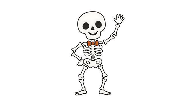 Friendly cartoon skeleton character wearing a bow tie waving hello on white background