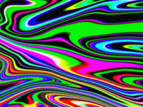Abstract swirling liquid pattern with vibrant neon colors and halftone dot texture