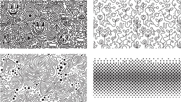 Set of four different black and white pattern designs with doodle and abstract graphic textures