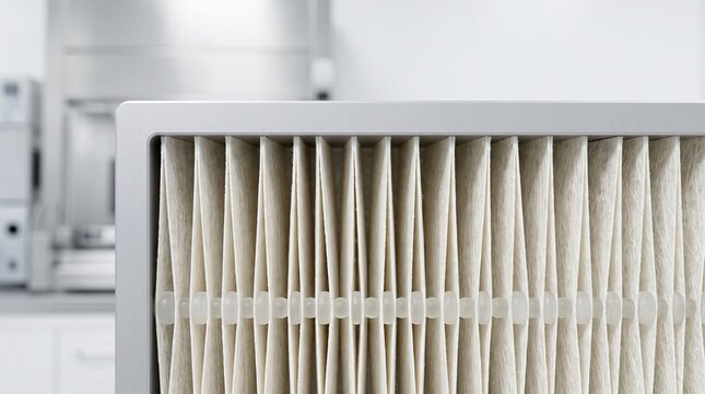 Detailed macro cross section of deep pleated microglass fiber HEPA air filter media encased in aluminum frame for semiconductor cleanroom HVAC ventilation and air purification systems
