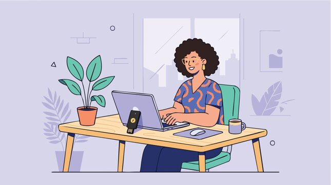 Focused professional woman working at minimalist desk with laptop and plant, concept for remote work, productivity, and modern office design