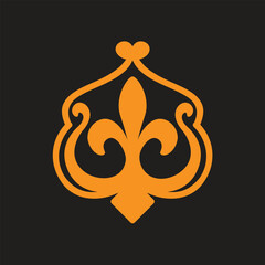 Orange fleur de lis crest symbol with ornate frame for historical heritage and luxury branding. © StockHub