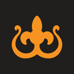 Orange fleur de lis style decorative swirl ornament on black background for heraldic design. © StockHub