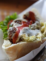 中東の伝統料理ファラフェルサンドとタヒニソースのかかったピタパン © Zumi