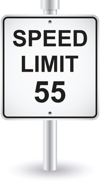Speed limit fifty five square metal sign on pole for highway regulations.