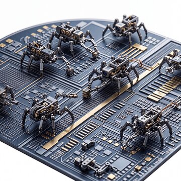 Tiny mechanical spider robots inspecting a high tech microchip surface