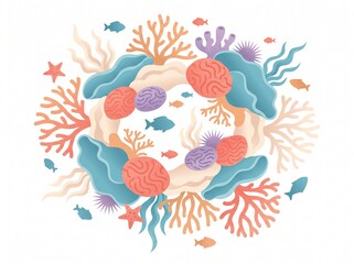 Fototapeta premium Colorful coral reef wreath with tropical fish illustration