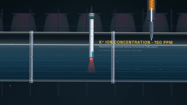 Animation of automated hydroponic nutrient dosing system injecting potassium into water flow for plant root uptake and vigorous botanical growth, featuring technical readouts and sensors