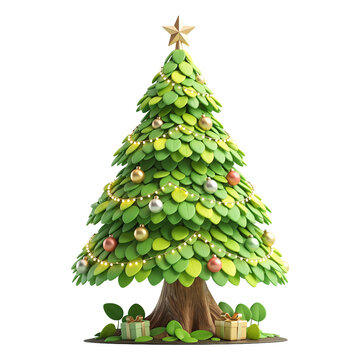 Decorated Christmas tree with glowing star ornaments and holiday gifts isolated