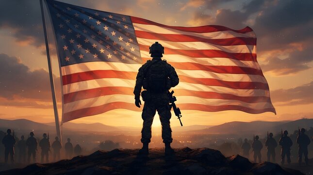 A silhouette of a brave soldier standing proudly before a large american flag during a beautiful golden sunset to commemorate the annual national veterans day