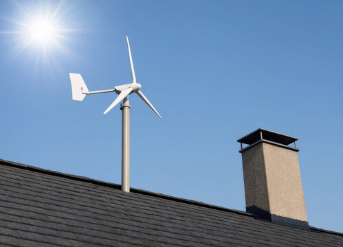 A small white domestic wind turbine, installed on the dark tiled roof next to a chimney, under the bright sun.