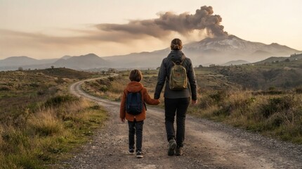 Obraz premium Mother and child walking on a country road towards a smoking volcano