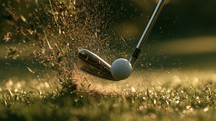Fototapeta premium Close-up of golf club striking golf ball with dirt flying on grass field during golden hour in outdoor sport activity