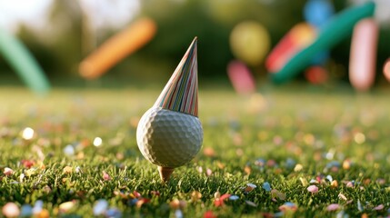 Fototapeta premium Close-up of golf ball wearing colorful striped party hat on tee surrounded by scattered bright confetti on green grass lawn