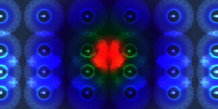 Abstract symmetrical kaleidoscope pattern featuring glowing blue orbs and vibrant red and green central core on dark background for psychedelic, cosmic, and digital design projects.