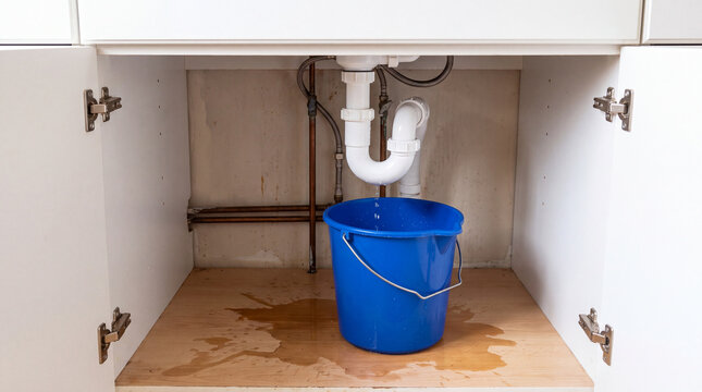 Water leaking from a pipe under the sink with a blue bucket catching the water