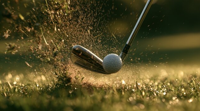 Close-up of golf club striking golf ball with dirt flying on grass field during golden hour in outdoor sport activity